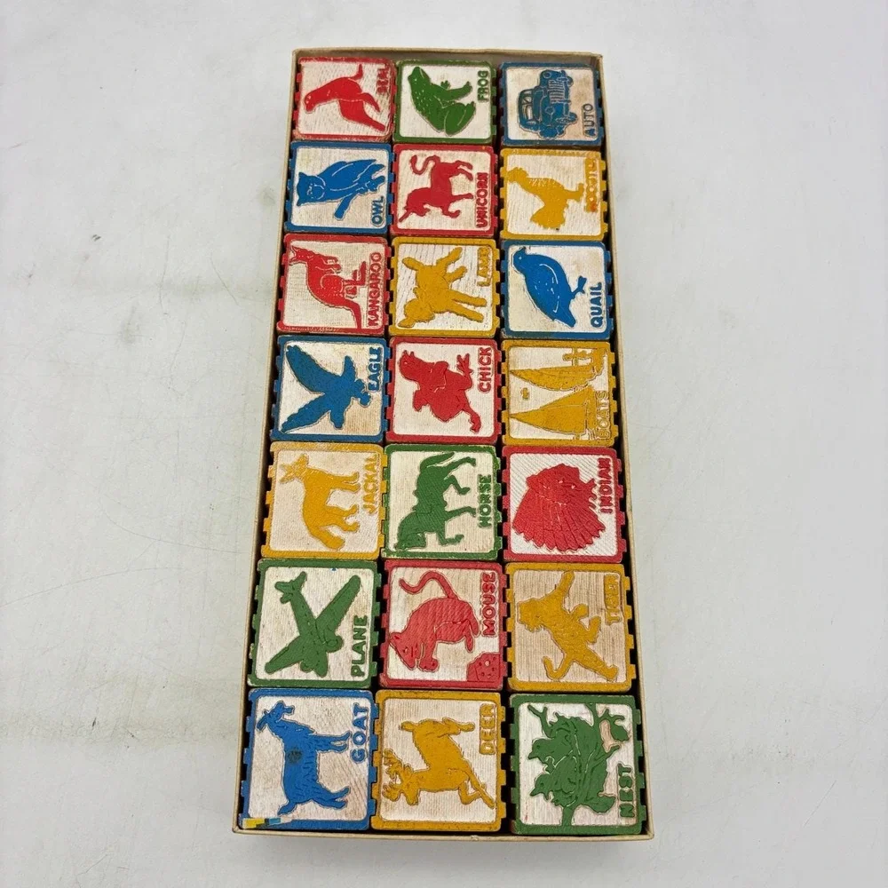 VINTAGE Halsam Hi Lo Interlocking Blocks COMPLETE 21 Wood Blocks Set no 3221